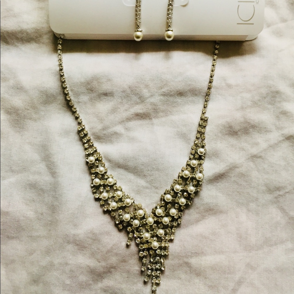 Icing Silver Pearl and Diamond Necklace/Earrings
